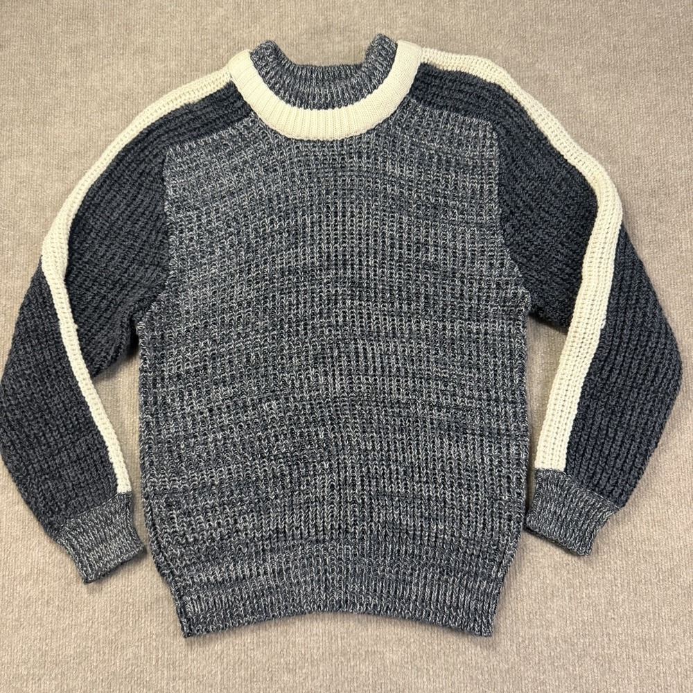 Vintage Radius Sweater Mens S Small Blue White Chunky Knit Colorblock Crewneck